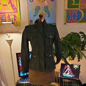 NWT Kensie Dark Green Military Field Utility Jacket Sz S Multi Pocket Zip & Snap